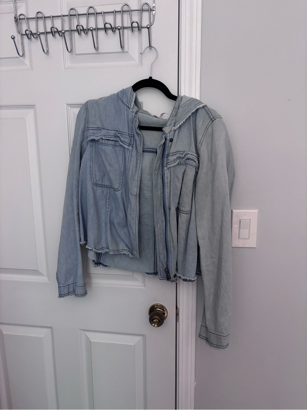 Free People Light Blue Washed Denim Hooded Jacket